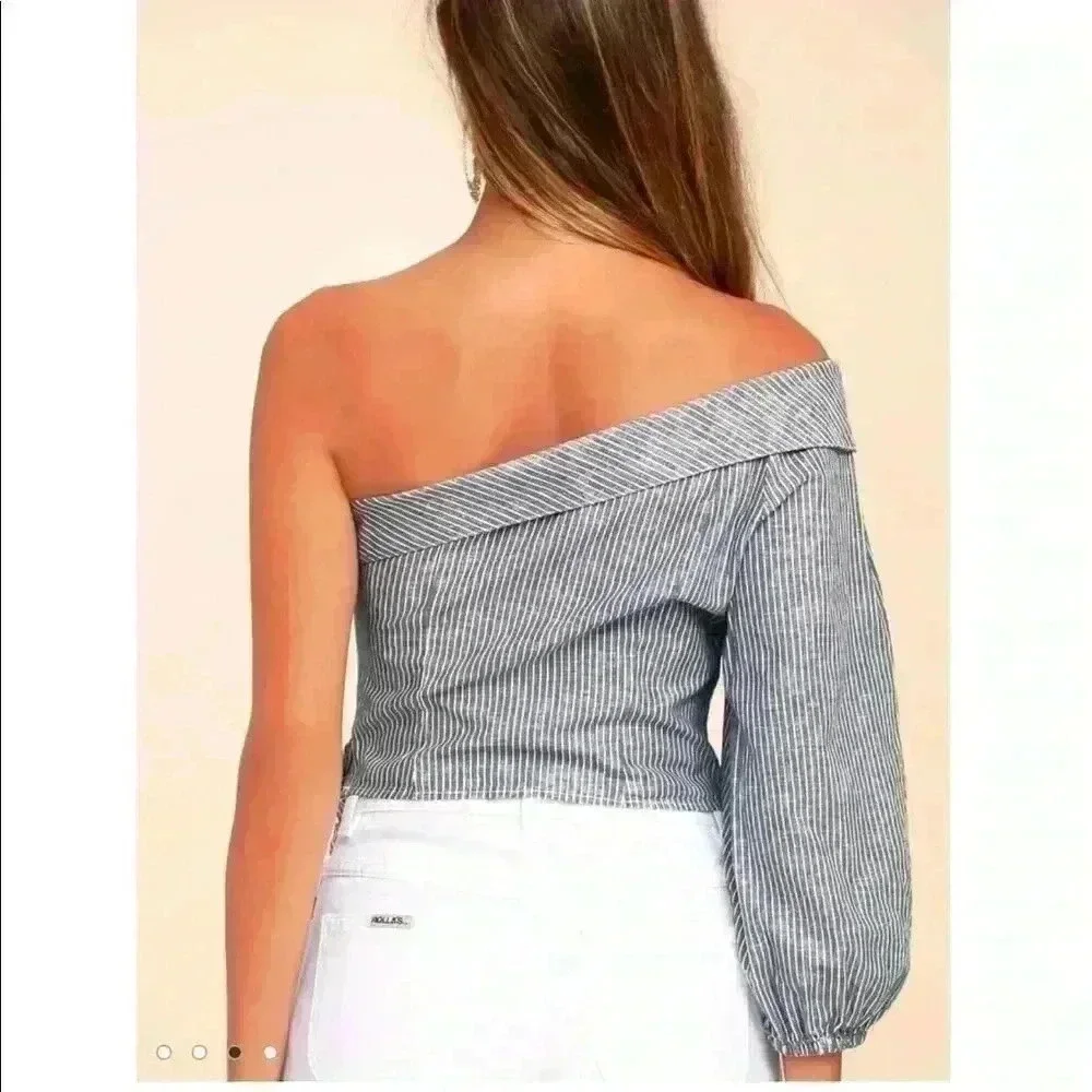 Free People Blue Striped One Shoulder Crop Top